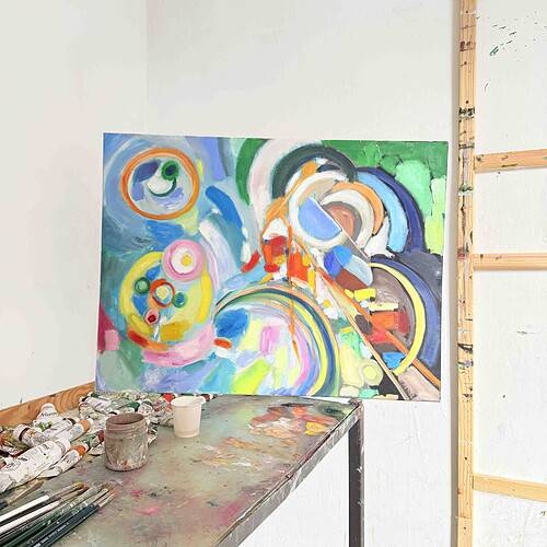 Lebendige abstrakte Ölmalerei auf Leinwand mit bunten Kreisen und dynamischen Formen, erstellt in einem Künstleratelier.