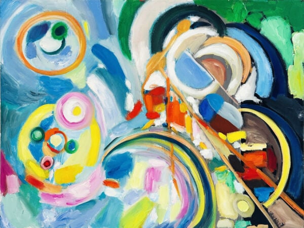 Farbiges abstraktes Gemälde mit Kreisen, Linien und dynamischen Farbflächen, typische Malerei & Auftragsmalerei von Nikolaus Kriese, lebendige Abstract-Kunst für moderne Innenräume.