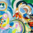 Farbiges abstraktes Gemälde mit Kreisen, Linien und dynamischen Farbflächen, typische Malerei & Auftragsmalerei von Nikolaus Kriese, lebendige Abstract-Kunst für moderne Innenräume.