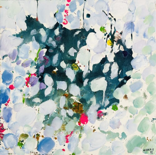 Farbige Blumenmalerei in abstraktem Stil, Acryl auf Leinwand, künstlerisches Werk von Nikolaus Kriese, kreative Auftragsmalerei, moderne Kunst für Wohnzimmer oder Büro.