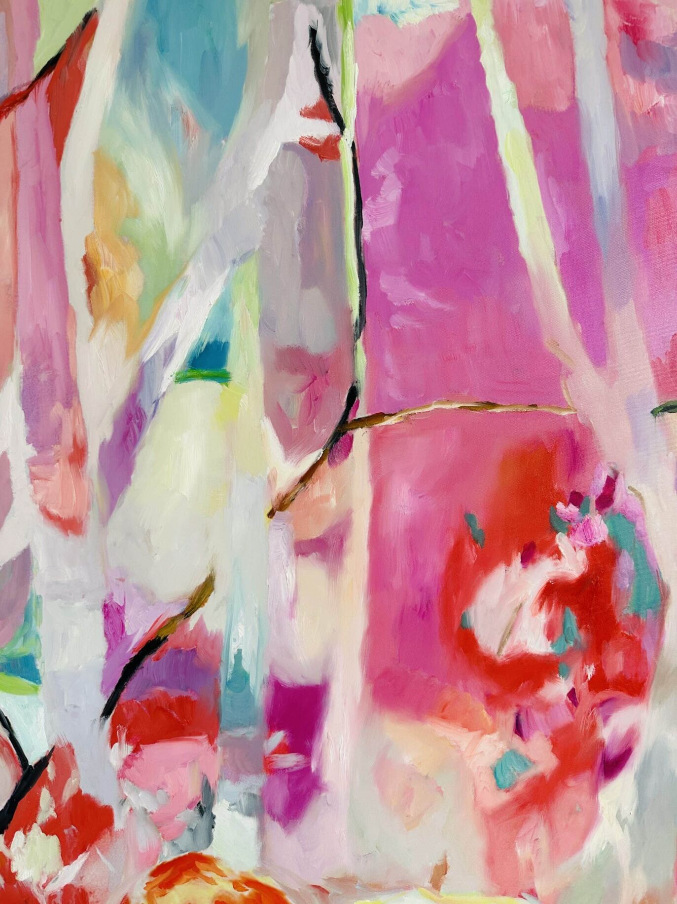 Farbenfrohes abstraktes Gemälde mit leuchtenden Pink-, Rot-, Blau- und Grünnuancen, geschaffen von Nikolaus Kriese, für individuelle Auftragsmalerei und kreative Wandkunst.