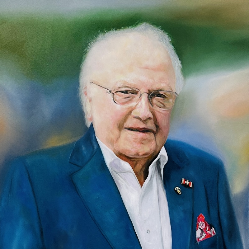 Detaillierte Ölmalerei eines älteren Mannes in einem blauen Anzug mit Pins und roter Pocket-Note, vom Künstler Nikolaus Kriese, ideal für Auftragsmalerei und personalisierte Kunstwerke.