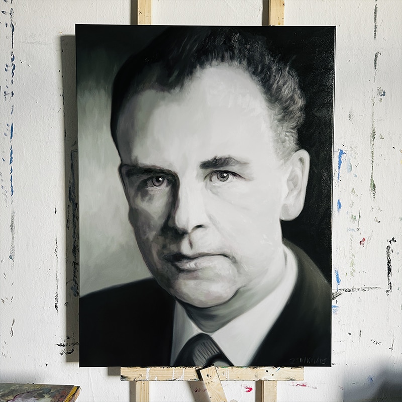Porträtmalerei eines Mannes in Schwarz-Weiß, realistische Ölgemälde, Auftragskunst, künstlerische Portraitzeichnung, professionelle Portraitmalerei, hohe Detailtreue, Nikolaus Kriese, Malerei & Auftragsmalerei.
