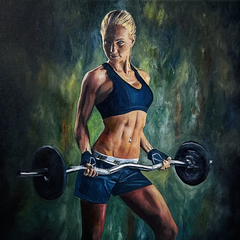 Leinwanddruck eines sportlichen Frauenporträts beim Krafttraining mit Kurzhantel, realistischer Kunststil, Fokus auf Muskeldefinition und Bewegung, perfekte Darstellung von Fitness und Motivation, Eindrucksvolle Malerei, passend für Fitness- und Kunstliebhaber.