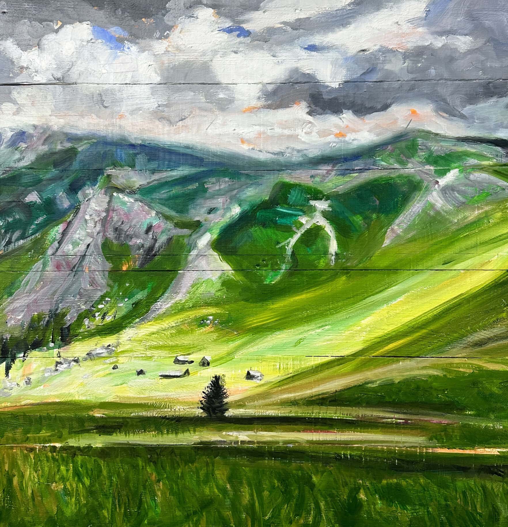 Farbenfrohes Landschaftsmalerei mit grünen Hügeln und bewölktem Himmel, impressionistische Auftragsmalerei von Nikolaus Kriese, ideal für Kunst- und Landschaftsbild Fans.