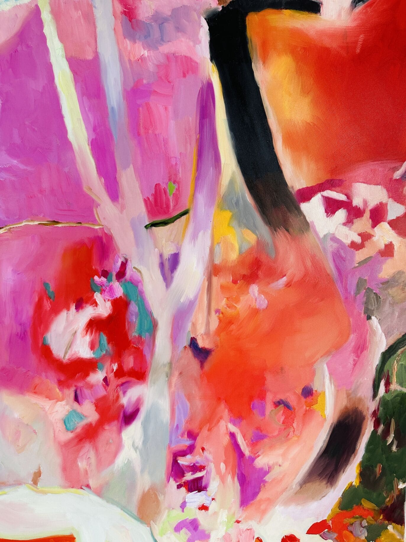 Lebendige abstrakte Blumenmalerei mit leuchtenden Pink-, Rot- und Orangetönen, erstellt von Nikolaus Kriese. Perfekt für individuelle Auftragskunst und moderne Wanddekoration.