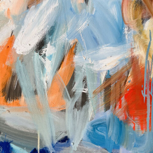 Farbenfrohe abstrakte Malerei mit dynamischen Pinselstrichen in Blau, Orange, Weiß und Schwarz, geschaffen von Nikolaus Kriese, für individuelle Auftragsmalerei und Kunstwerke.