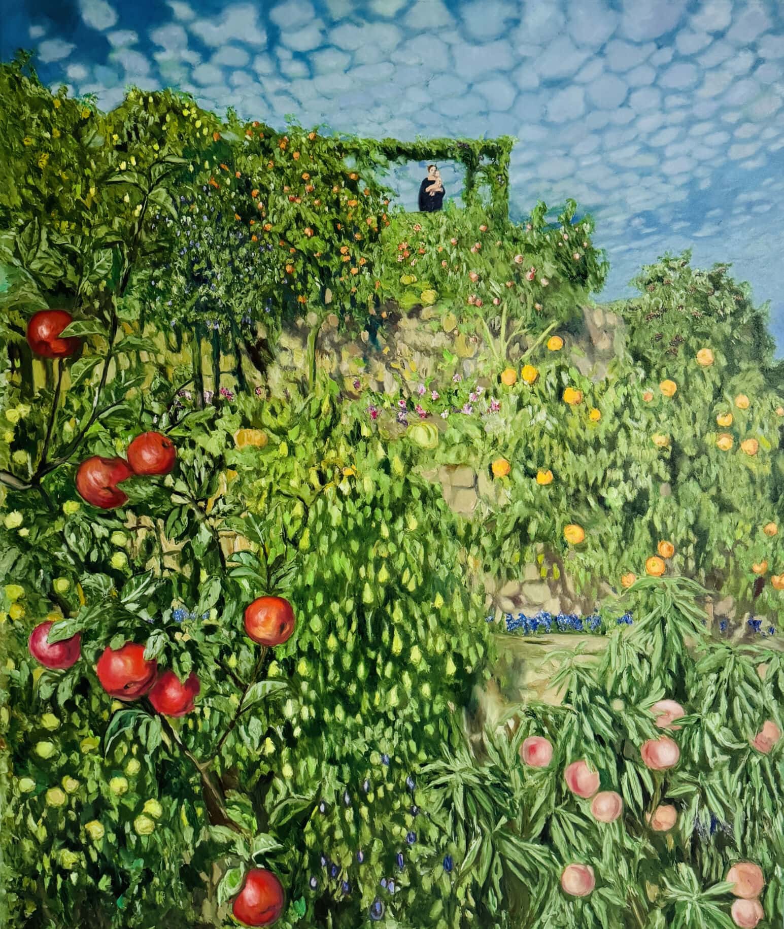 kunstkopie malen lassen impressionisten Farbenfrohes Gemälde von Obstbäumen und Garten, dargestellt im impressionistischen Stil, mit strahlendem Blätterdach, blühenden Pflanzen und einerTreppe im Hintergrund, perfekt für Kunst- und Dekorationsprojekte.