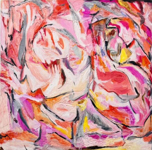 Farbige abstrakte Malerei mit expressiven Pinselstrichen, kräftigen Rosa-, Rot- und Orangetönen, zeigt eine moderne Kunstkomposition im Stil von Nikolaus Kriese.