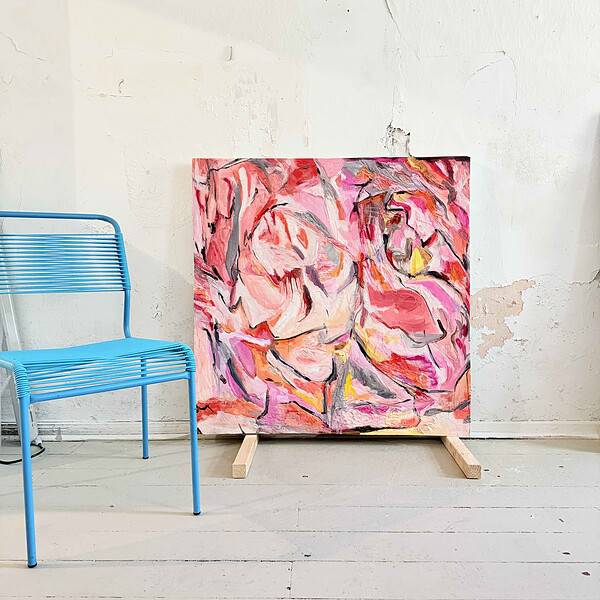 Farbenfrohes abstraktes Gemälde, Künstlerarbeit in lebendigen Pink-, Orange- und Grautönen, moderne Kunst, Wandbild, kreative Malerei, moderne Kunstrichtung, Hausdekoration, Innenraumkunst, Auftragsmalerei Nikolaus Kriese.