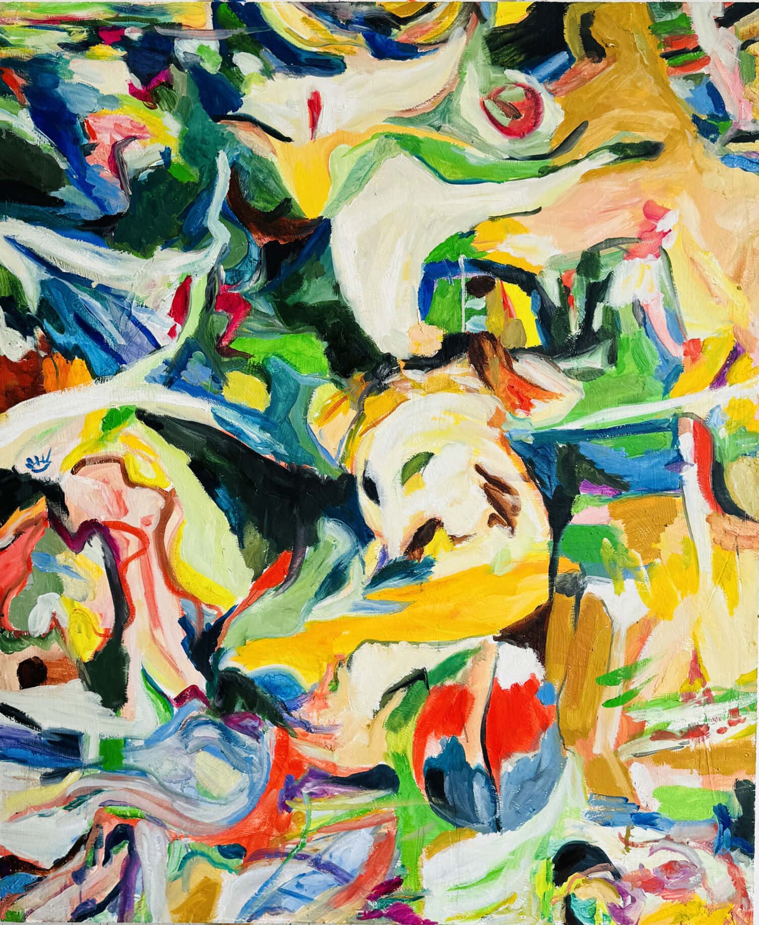 Farbenfrohe abstrakte Acrylmalerei mit lebendigen Pinselstrichen, dynamischer Komposition und modernen Ausdrucksformen, geschaffen von Nikolaus Kriese, ideal für zeitgenössische Kunst- und Malerei-Displays.