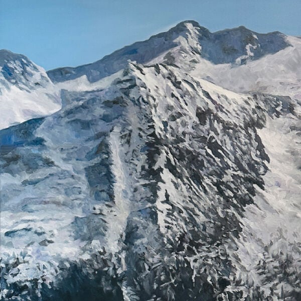 Felsen und Schneelandschaft auf einem Berggipfel, realistische Ölmalerei, detailreiche Naturkunst, hochwertige Auftragsmalerei von Nikolaus Kriese in Deutschland.