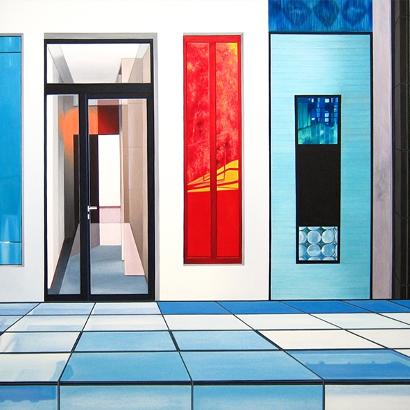 Modernes Kunstwerk mit farbigen Wandpaneelen und Fliesentresen, kreative Malerei & Auftragsmalerei von Nikolaus Kriese, zeitgenössische Wandgestaltung, lebendige Raumakzente, individuelle Malerarbeiten für Innenräume.