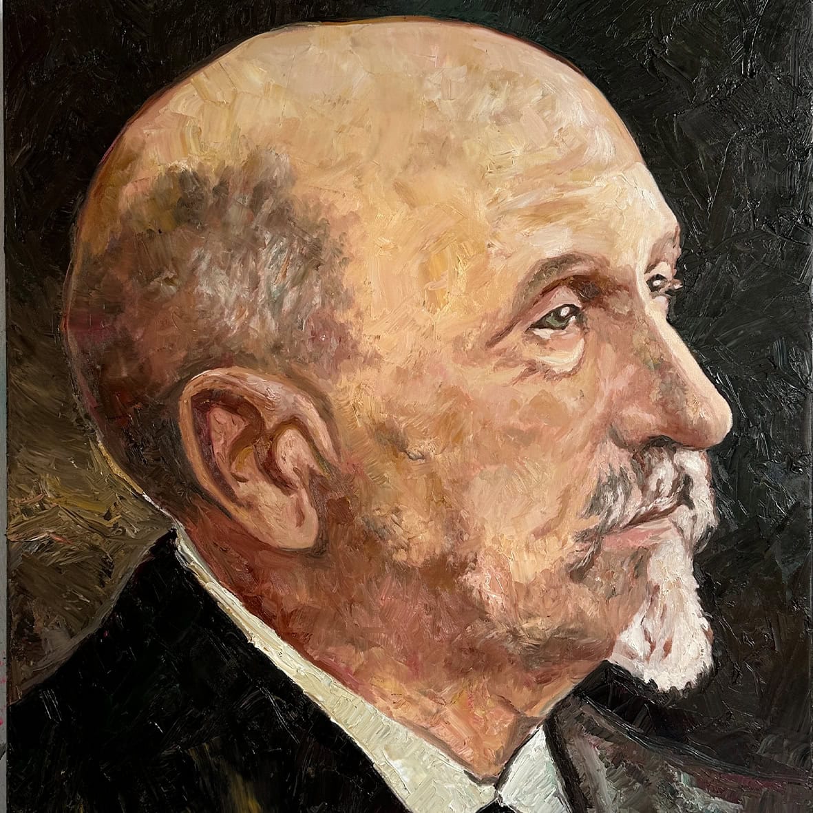Alter Mann mit weißem Bart, porträtiert im impressionistischen Malstil, detailreiche Ölgemälde, kreative Auftragsmalerei von Nikolaus Kriese, künstlerische Portraitkunst, hochwertige Handwerkskunst.