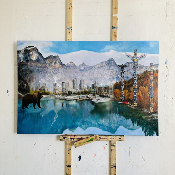 Farbenfrohes Gemälde einer Bären- und Stadtlandschaft mit Bergen, Booten und hochtechnisierten Tiki-Fähnchen, gemalt von Nikolaus Kriese, spezialisiert auf individuelle Auftragsmalerei und Kunstwerke.
