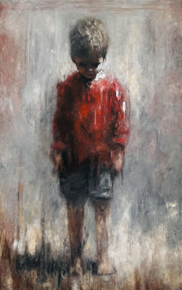Authentisches Gemälde eines jungen Jungen in roter Jacke, Ölmalerei, kreative Auftragsmalerei, moderne Kunst, Wanddekoration, individuelle Kunstwerke, Künstler Nikolaus Kriese, Originalkunstwerk.