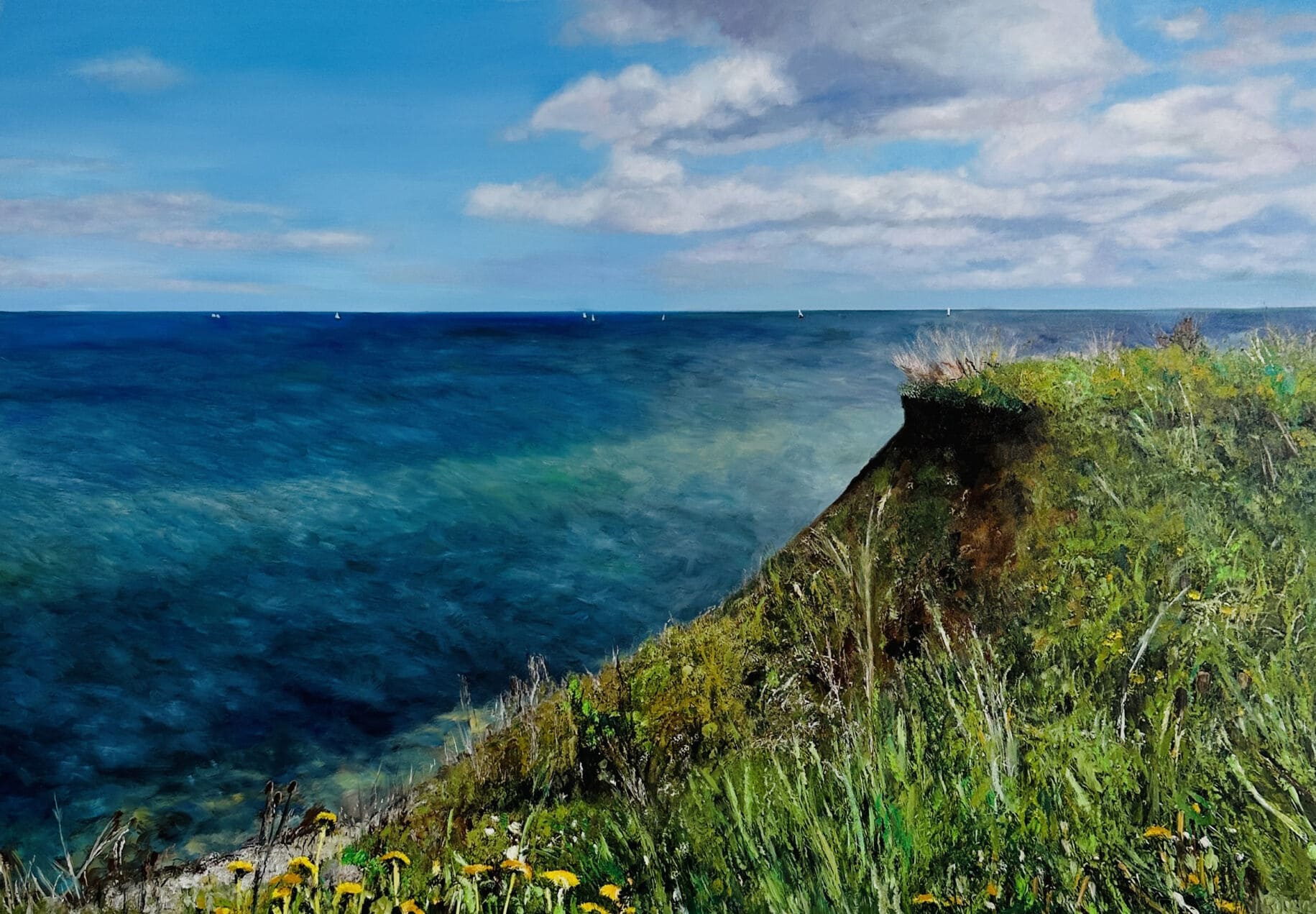 Farbenfrohes Ölgemälde einer Klippe mit Meer, signierte Auftragsmalerei, beeindruckende Küstenlandschaft, maritime Kunst, naturverbundene Wanddekoration, individuelle Malerei nach Wunsch, maritime Atmosphäre.