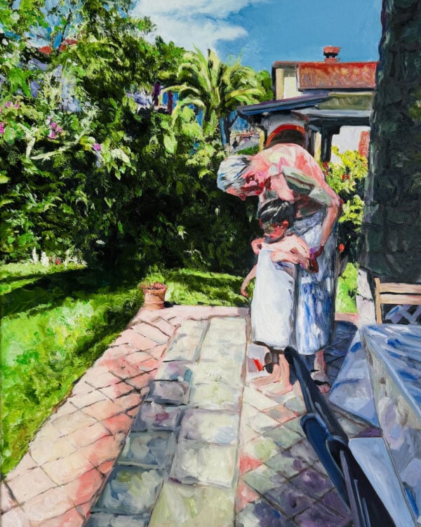 Farbenfrohes Gemälde von einer älteren Frau und einem Kind beim Sonnenbaden im Garten, detailreiche Malerei, lebendige Farbpalette, atelierfertige Auftragsmalerei, expressionistische Maltechnik, kreative Landschaftsmalerei, individuelle Kunstaufträge, Kunst aus Leidenschaft.