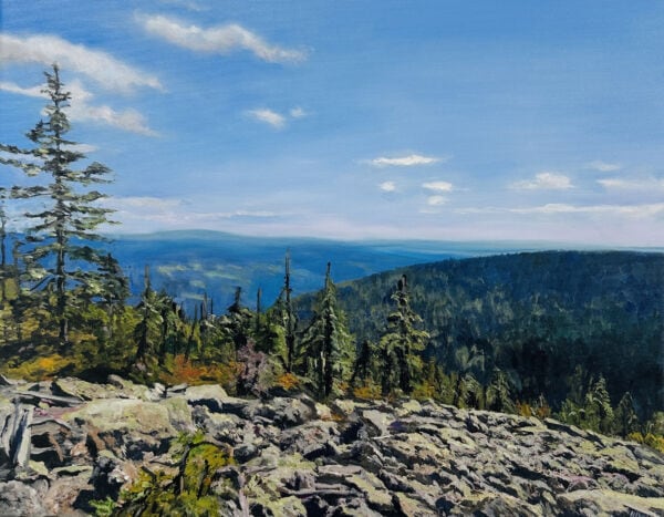 Farbenfrohes Ölgemälde einer Berglandschaft mit Tannen, Felsen und weitem Himmel, typisch für die Auftragsmalerei von Nikolaus Kriese.