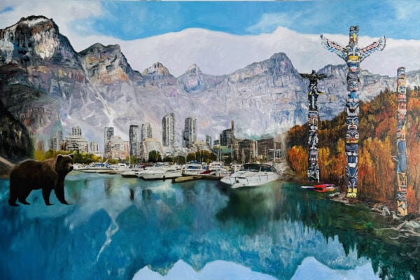 Farbige Abstrakte Malerei einer malerischen Stadtlandschaft mit Bergen, Wasser, Bären und traditionellen Totempfählen. Perfekt für Auftragmalerei und Kunstwerke von Nikolaus Kriese.