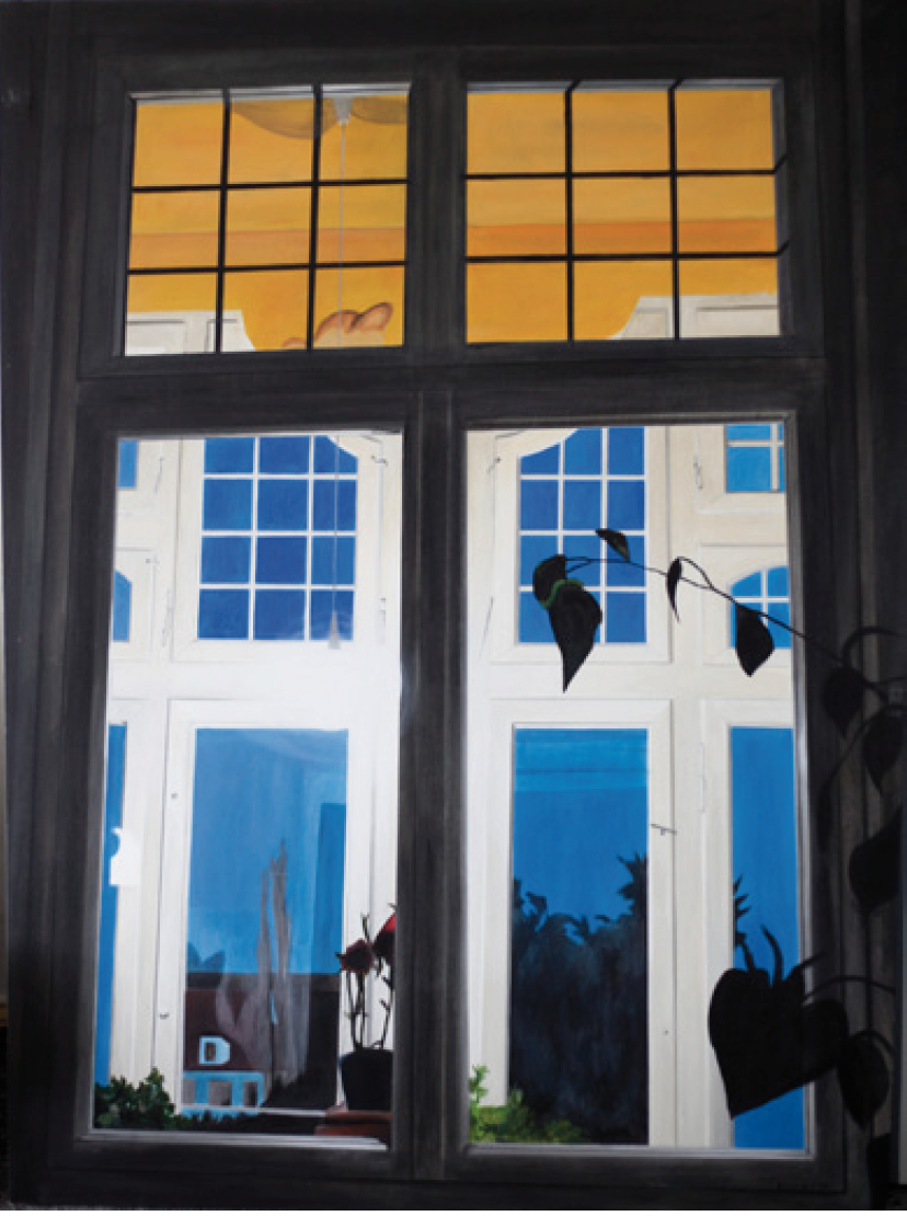 Fenster mit Farbige Malerei, Sonnenuntergang und blauer Himmel, modern dekorative Kunst, handgemalte Wandkunst für Innenräume, individuelle Auftragsmalerei von Nikolaus Kriese.