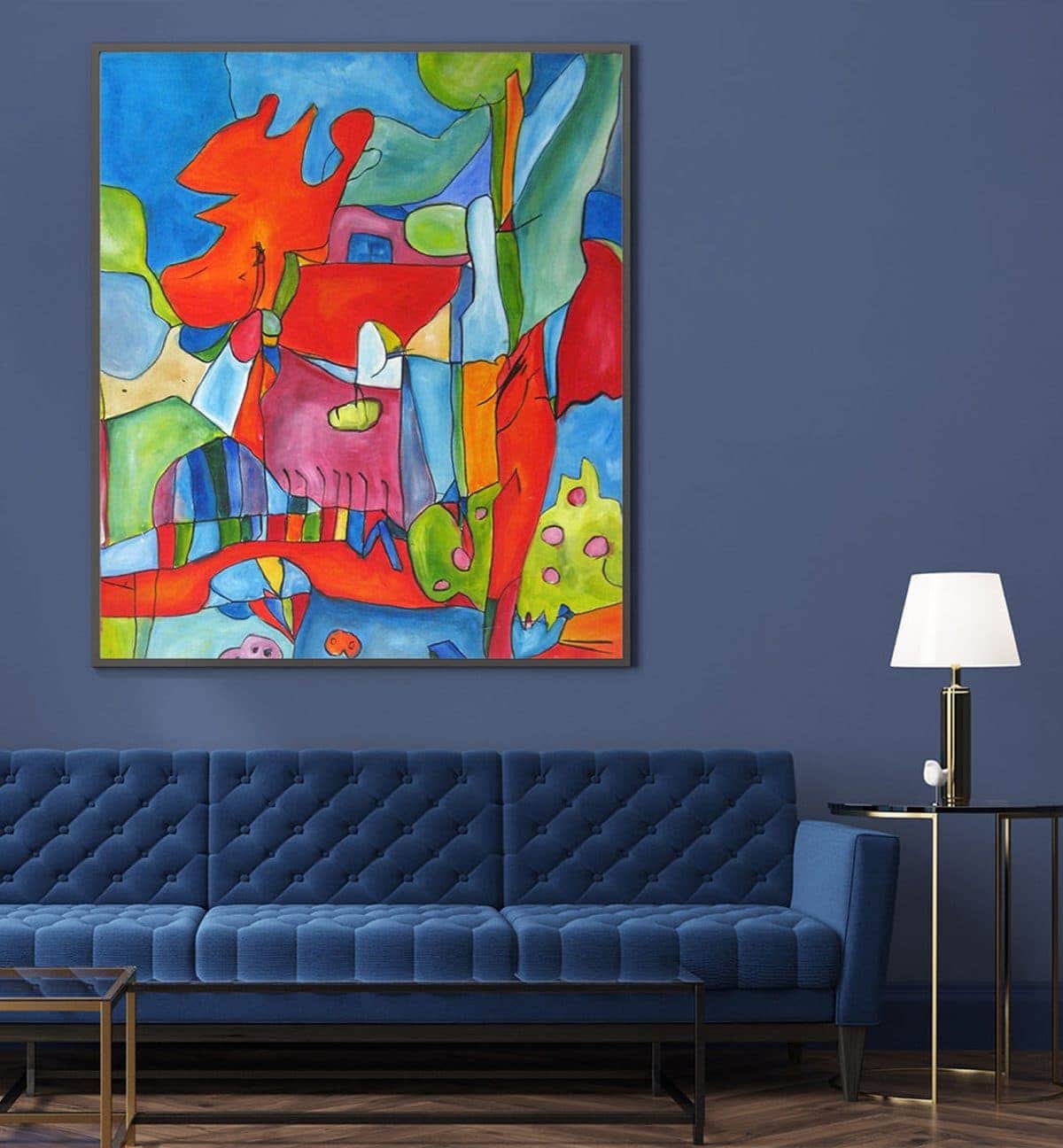 Lebendige abstrakte Malerei mit bunten Formen und Linien, moderne Kunst auf Leinwand im Stil der Auftragsmalerei von Nikolaus Kriese.
