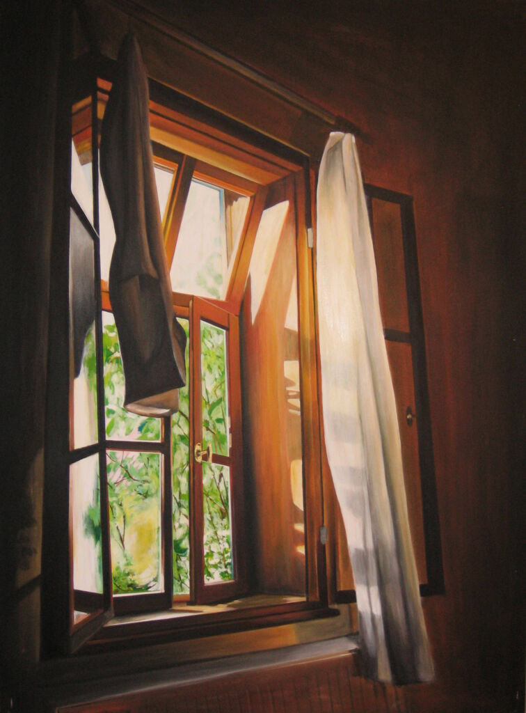 Offener Fensterrahmen mit blick in den Garten, Sonnenlicht, Schlafzimmer, Vorhang, Natur, Innenraum, realistische Malerei, Wohnzimmer Dekoration, Lichtspiel, impressionistische Kunst.