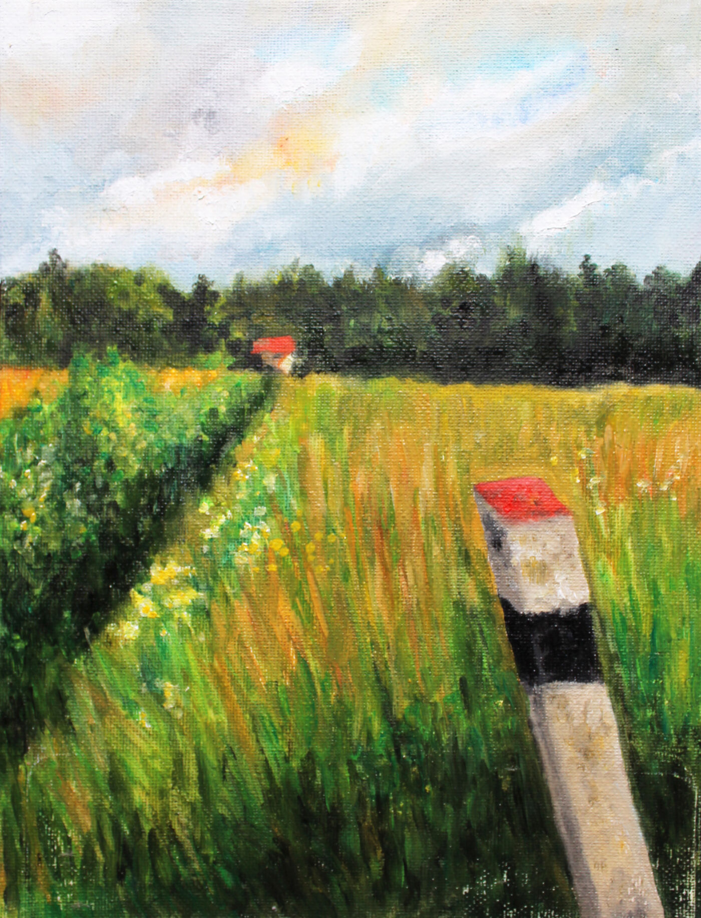 Landschaftsmalerei wiese mit haus landschaft als gemälde