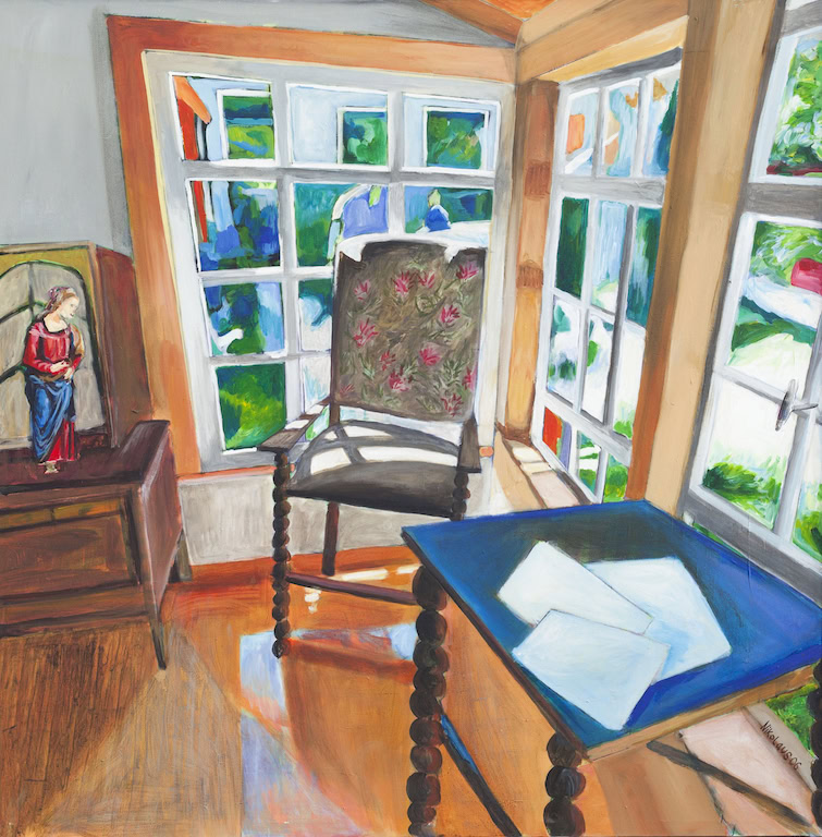 Vielliebend, farbenfrohe Landschaftsmalerei, Wohnzimmer, Fenster mit Blick ins Grüne, Kunstwerke, Möbel, Licht, Natur, Raumdekoration, handgemalte Ölgemälde, kreative Innenraumgestaltung.