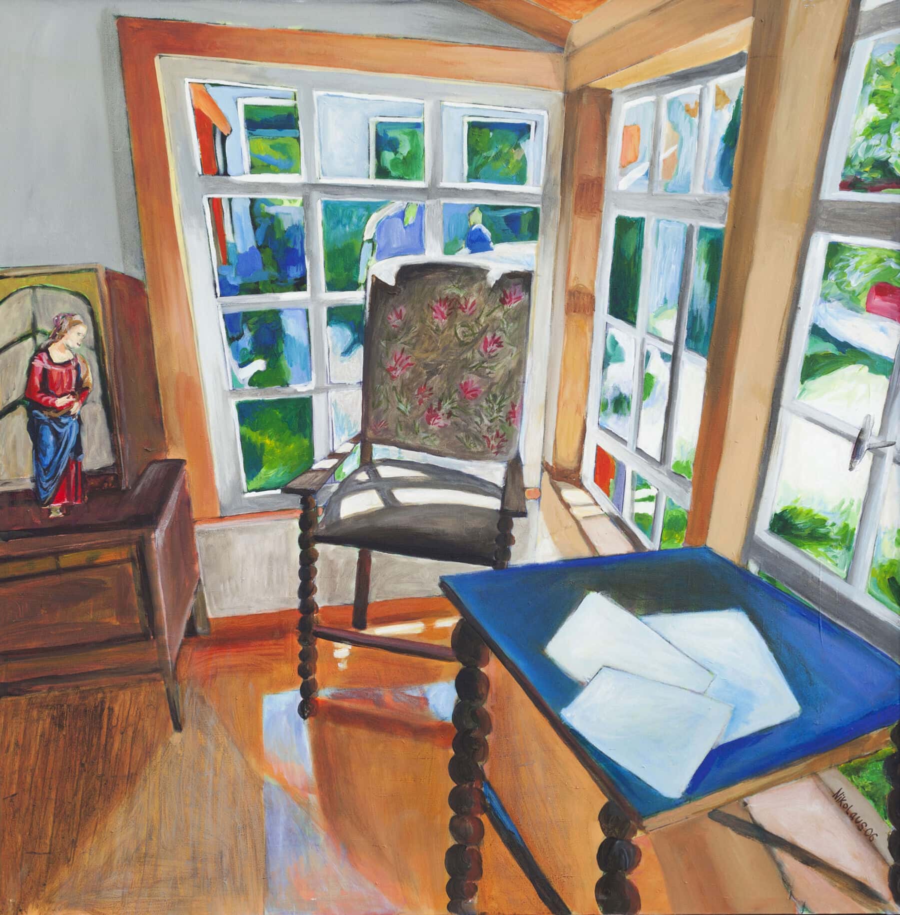 Fensterblick mit Stuhl und Dekoration, impressionistische Malerei, Wohnraum im Kunststil, original Auftragsmalerei, farbenfrohe Interior-Kunstwerke.