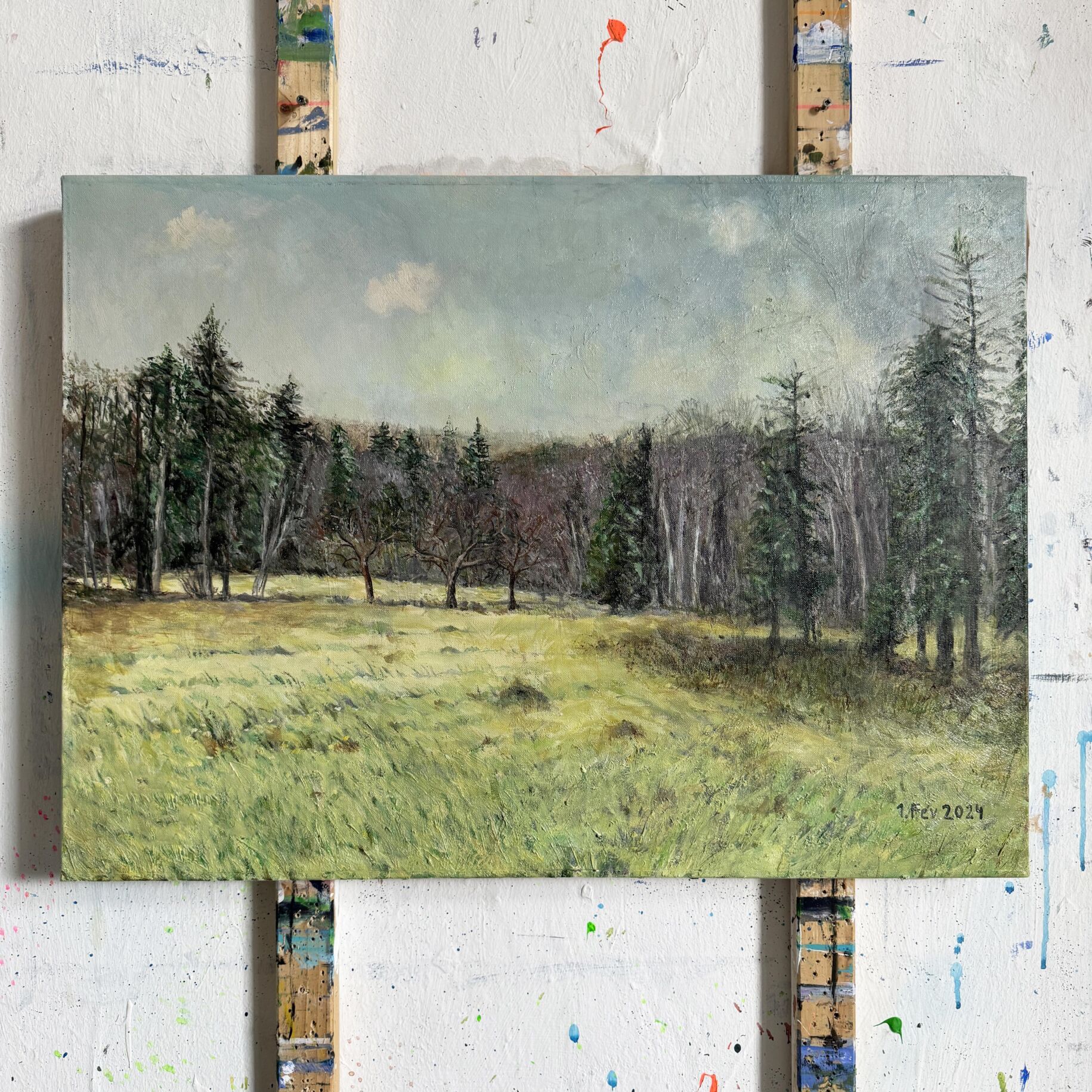 Landschaftsmalerei mit Wald und Wiesen in Aquarelltechnik.