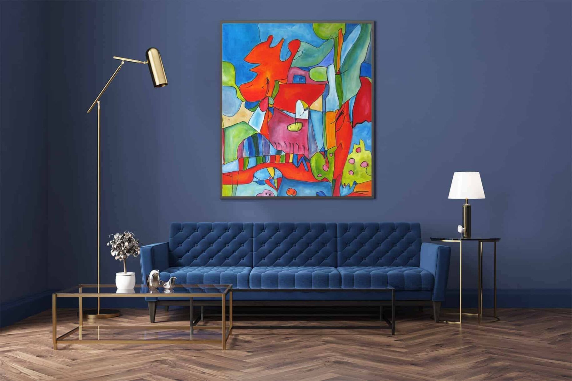 Abstrakte moderne Malerei, lebendige Farben, expressionistische Kunst, auftragsmalerei, zeitgenössische Wandkunst im Wohnzimmer.