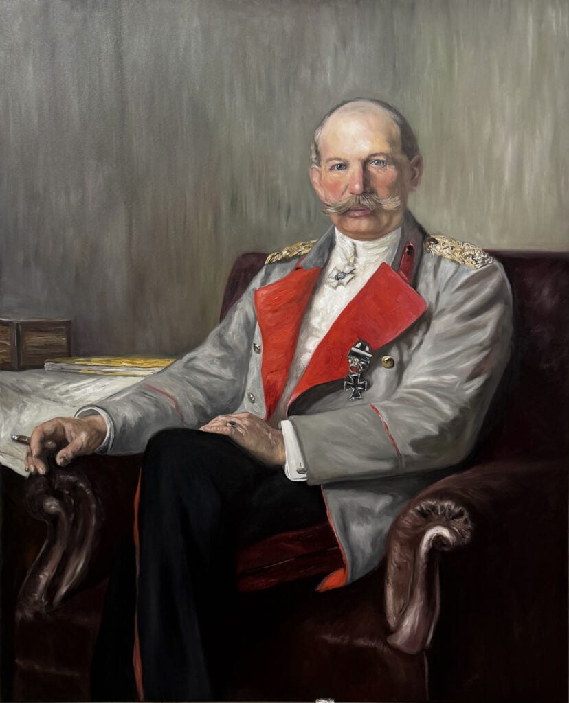 Hochwertiges Porträt eines Mannes in historischer Militäruniform, detailreiche Malerei, Auftragsmalerei in Öl, realistischer Stil, Künstler Nikolaus Kriese.