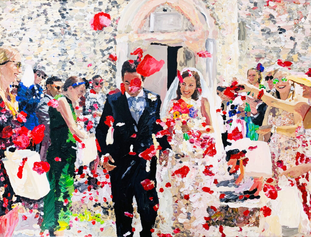 Fröhliche Hochzeitsgäste bei einer kreativen Malerei-Auftragsmalerei von Nikolaus Kriese, festliche Hochzeitsszene mit lebendigen Farben, emotionale Feierkunst, entspannte Atmosphäre, Hochzeitsfeier Painting.