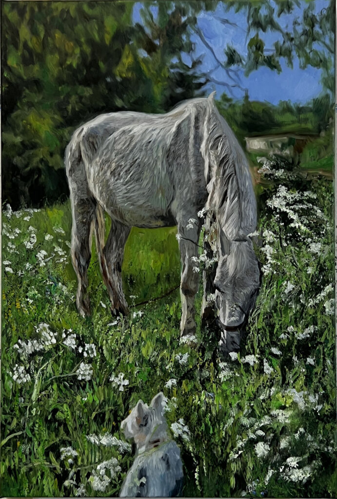Pferd und Hund in natürlicher Landschaft, Malerei, Auftragsmalerei, realistische Tierportraits, Kunst im Grünen, Tierliebhaber Geschenke, handgemalte Tierbilder, kreative Tierkunst, Ölgemälde Pferd und Hund, individuelle Tierkunstwerke.