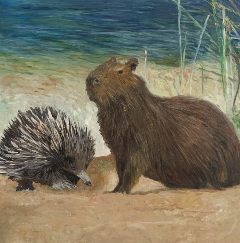 Hedgehog und Biber-Schilderung, realistische Tiermalerei, naturverbundene Auftragsmalerei, detailreiche Tierkunst, originelle Tierportraits, hochwertiges Ölgemälde, individuelle Tierkreation, Kunst für Tierliebhaber, Tiermalerei nach Wunsch, künstlerische Tierinterpretation.