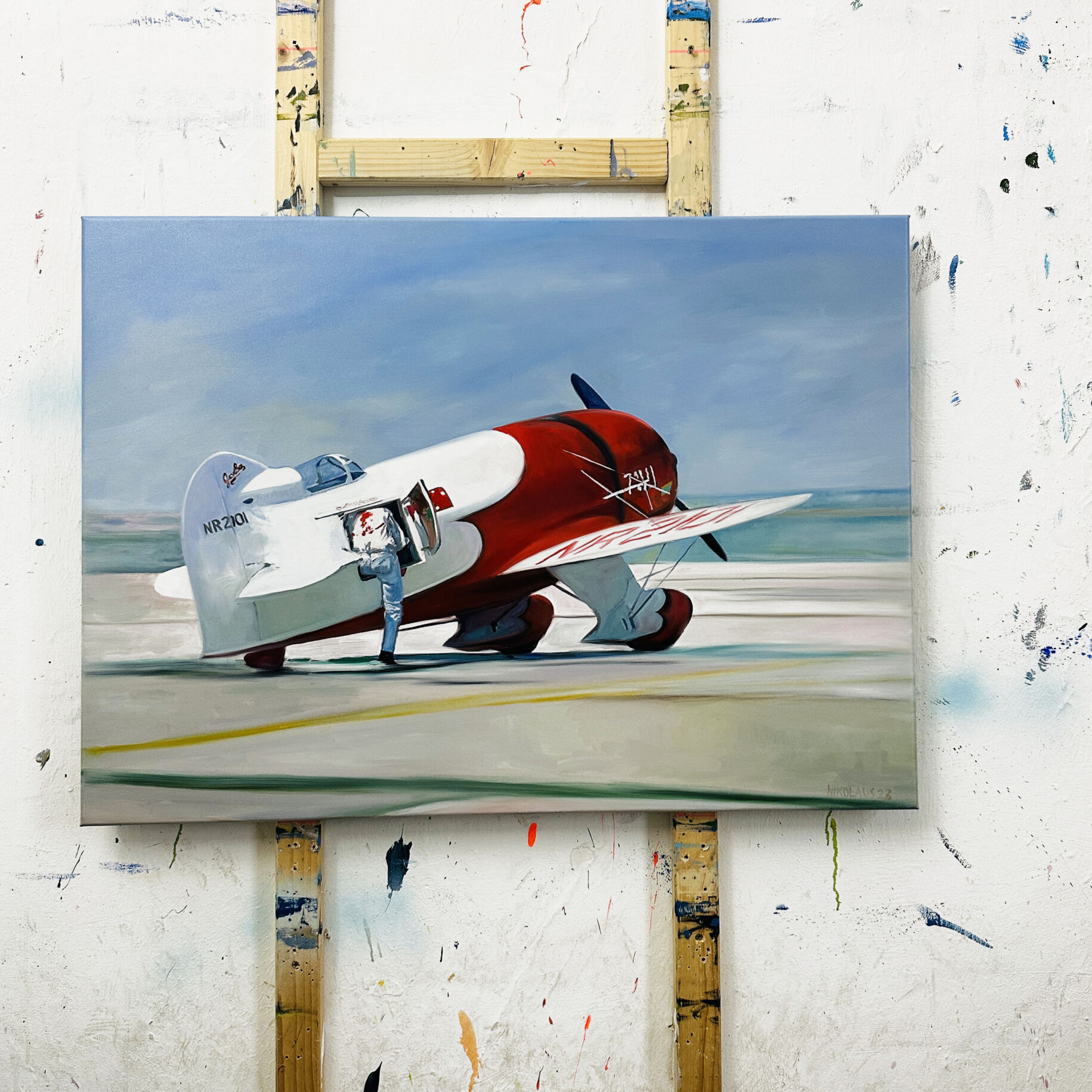 Modernes Ölgemälde eines historischen Flugzeugs auf einer Leinwand, Kunst Auftragsmalerei von Nikolaus Kriese, aviation, Flugzeug, Künstler, Bildende Kunst, individuelle Anfertigung, Wanddekoration, detailreiche Darstellung.
