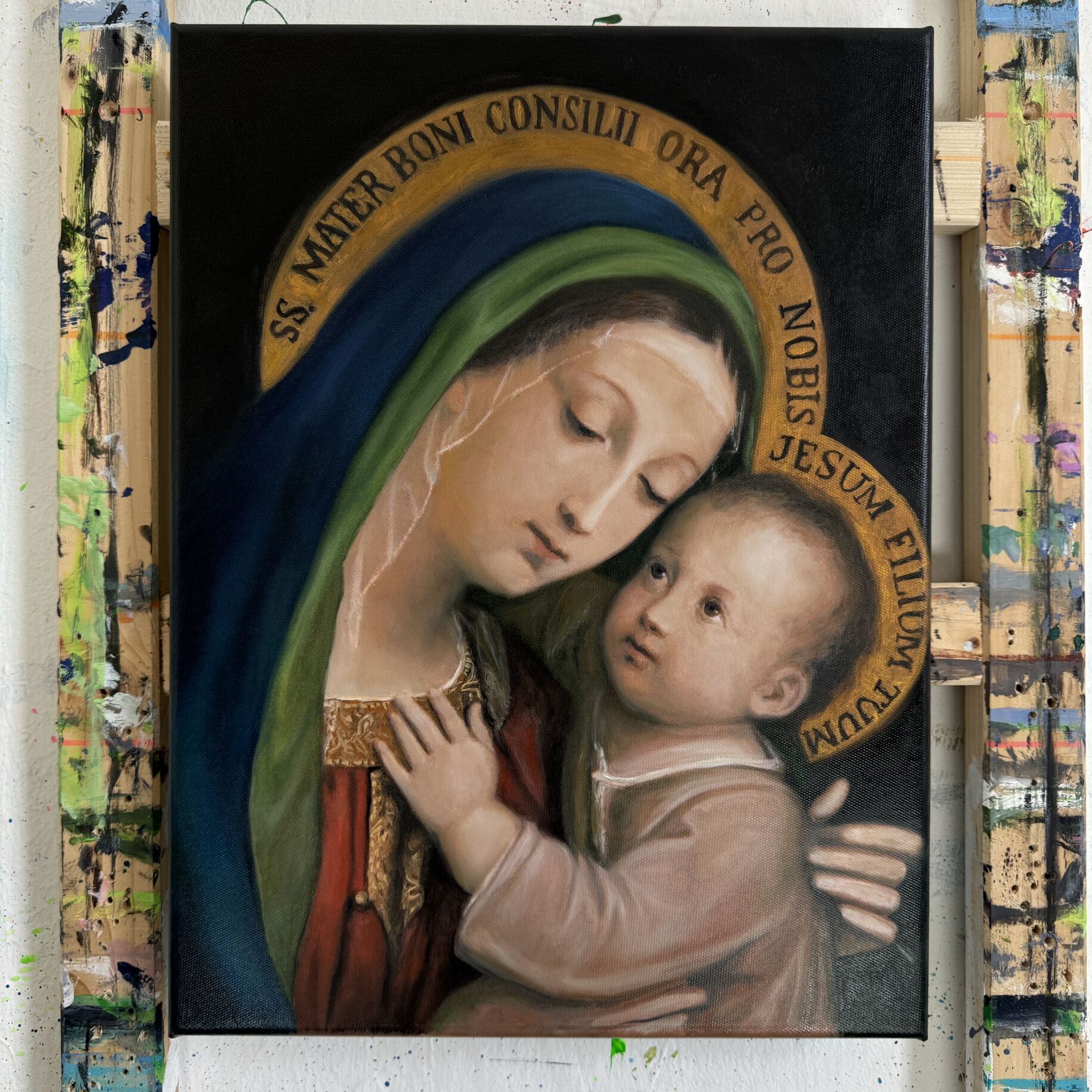 Gottesackende Madonna mit Kind, religiöse Malerei, Auftragsmalerei, heilige Kunst, christliche Darstellung, religiöse Ikonografie, Marienbild, Ölmalerei auf Leinwand, christliche Kunst, Stefan Nikolaus Kriese.