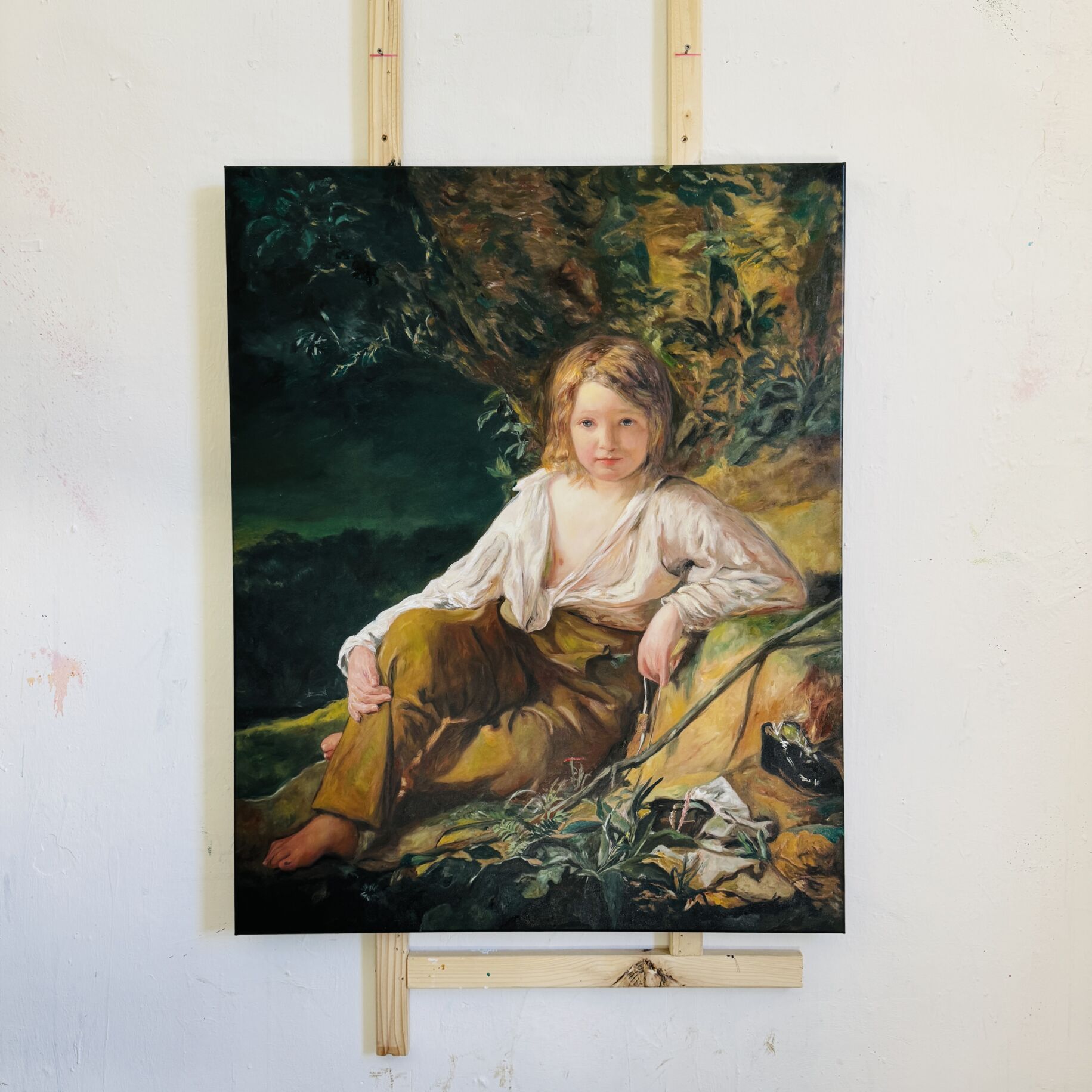 kunstkopie malen lassen romantik junger angler Gemälde einer jungen Frau in einer natürlichen Umgebung, detailreiche Auftragsmalerei im realistischen Stil, kreative Ölmalerei auf Leinwand, Kunstwerk von Nikolaus Kriese.
