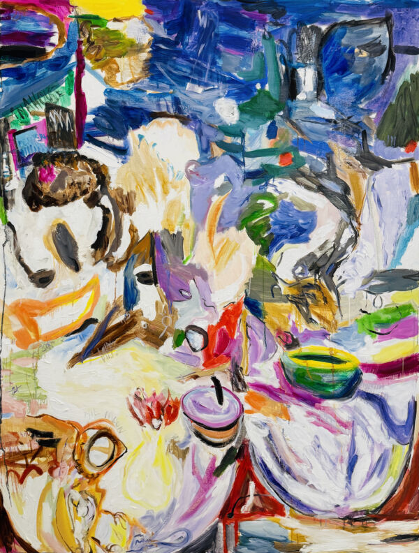 Lebendige moderne Malerei, abstrakte Kunst, farbenfrohes Stillleben mit Früchten, Geschirr und Dekoration, hergestellt vom Künstler Nikolaus Kriese, in Ausdrucksstil und kreativer Maltechnik.
