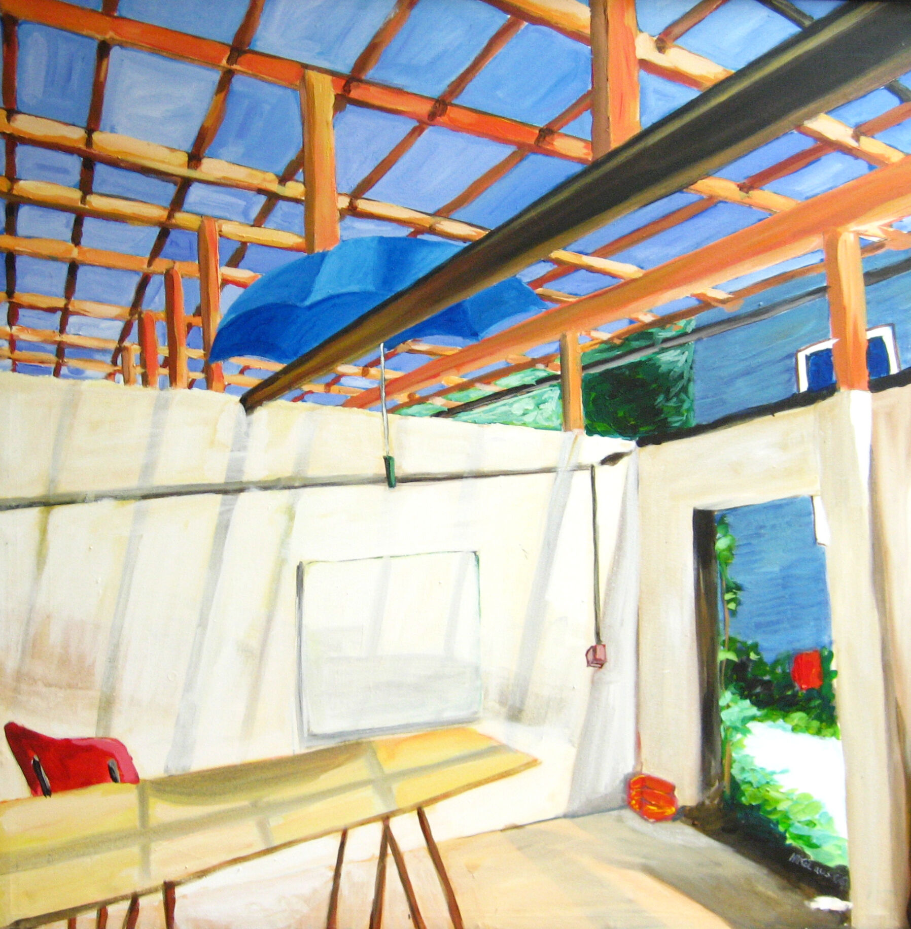 Bunte Malerei eines Baugerüsts und einer Baustelle mit blauem Regenschirm, sonnigem Innenraum und offenem Ausgang, kunstvolle Darstellung von Auftragsmalerei, kreative Wandgemälde.