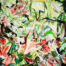 Vibrante dipinto astratto con pennellate colorate in verde, rosso, nero e bianco che raffigurano dinamicamente motivi naturali ed elementi floreali. Perfetto per gli amanti dell'arte e dell'interior design.