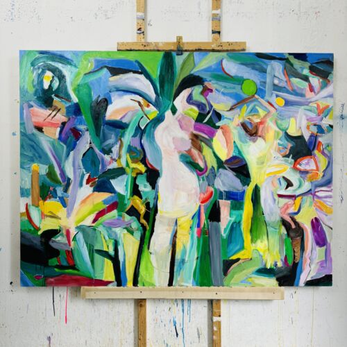 Lebendige abstrakte Malerei, modernes Kunstwerk, farbenfrohes Bild, Auftragsmalerei, expressionistische Kunst, Künstler Nikolaus Kriese, kreative Kunstwerke, moderne Wanddekoration, individuelle Kunstgestaltung, einzigartiges Gemälde.