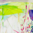 Colorful impressionistic painting with green umbrellas, vivid colors, abstract flower motifs, creative commissioned painting by Nikolaus Kriese.