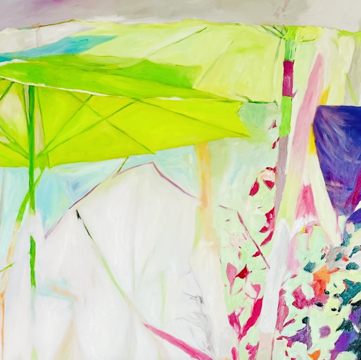 Farbfrohe impressionistische Malerei mit grünen Regenschirmen, lebendigen Farben, abstrakten Blumenmotiven, kreative Auftragsmalerei von Nikolaus Kriese.