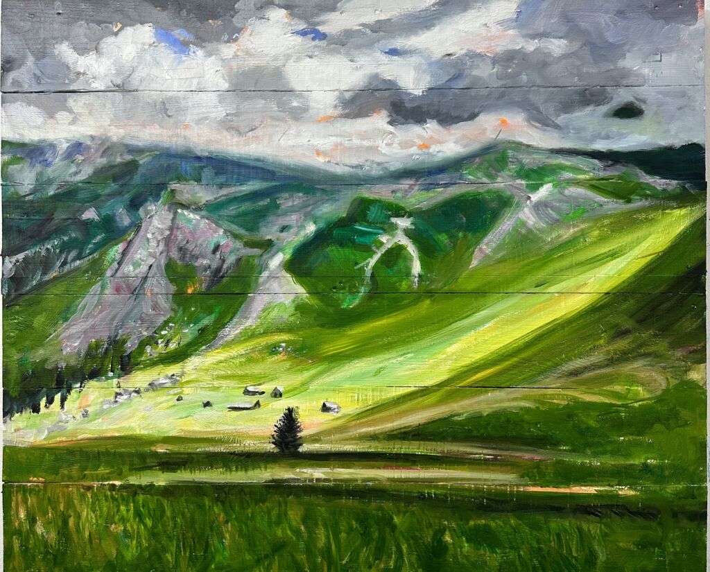 Farbenfrohes Aquarell Gemälde von grünen Hügeln und Bergen, realistischer Landschaftsmalerei, für Wanddekoration, Kunstliebhaber und Innenraumgestaltung geeignet.