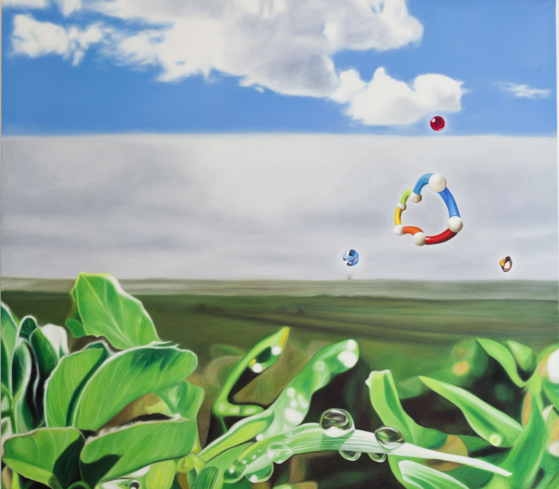 Farblandschaftsmalerei mit grünen Pflanzen, modernen abstrakten Objekten und Wolkenhimmel, typische Auftragsmalerei im Stil von Nikolaus Kriese für individuelle Kunstprojekte.