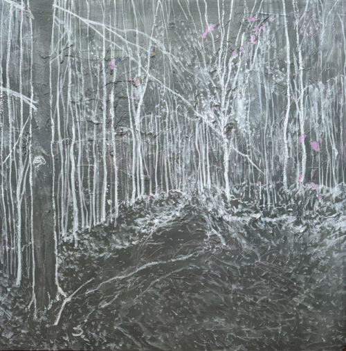 Strukturbild „Waldspuren im Nebel“ – Acrylgemälde in Grautönen mit Linienzeichnung