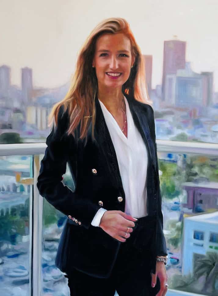 Portrait einer Frau in Businesskleidung vor einer modernen Stadt im Hintergrund, professionelle Malerei, Auftragsmalerei, Nikolaus Kriese.