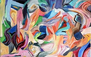 Farbenfrohe abstrakte Malerei mit dynamischen Linien und expressive Gesichter, geschaffen von Nikolaus Kriese, ideal für zeitgenössische Kunstliebhaber und Auftragsmalerei.